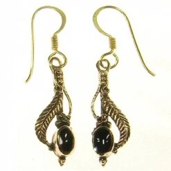 Bronze Earring Hook Leaf With Black Stone