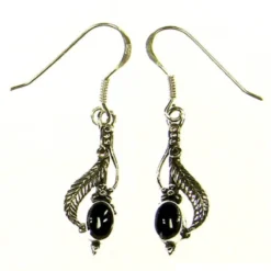 Leaf With Black Stone Silver Ear Hook (1 Pair)